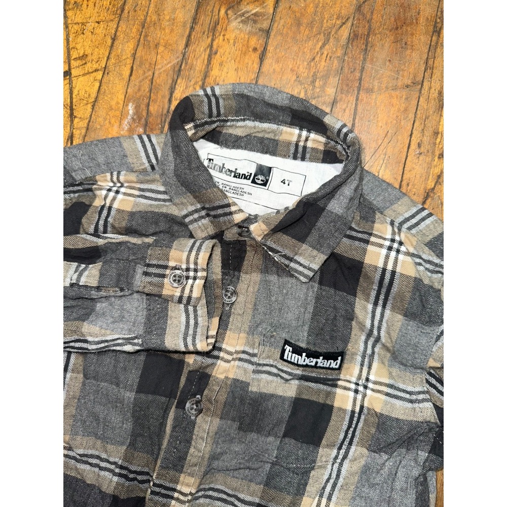 Timberland Flannel Shirt Boys Size 4T Gray Black Plaid Long Sleeve Button Down
